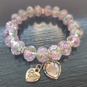 Betsey Johnson Pink Floral Beaded Bracelet with Heart Charms